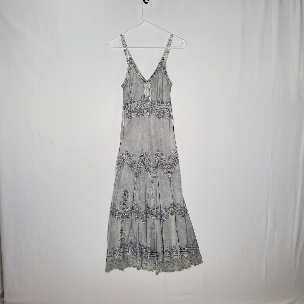 Advance Apparels Maxi Dress Small Gray Embroidered Cottagecore Fairy Grunge 90s